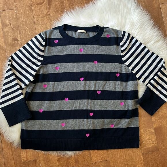 Lisa Todd Skip A Beat Multi-Stripe Cotton Cashmere Sweater w/ Embroidered Hearts - Picture 2 of 8